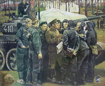 Соломин Николай Николаевич. Политинформация. Из цикла `Учения Запад-81`. Холст, масло. 90х110. 1981. Студия военных художников имени М.Б.Грекова.