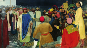 Рябушкин Андрей Павлович. Князь Глеб Святославович убивает волхва на Новгородском вече (Княжий суд). Холст, масло. 134х244. 1898. Нижнетагильский музей изобразительных искусств.