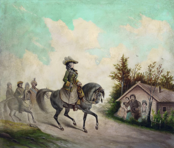 Неизвестный художник. Екатерина II на коне, в сопровождении всадников. Холст, масло. 45,5х52,7. 19 век. Государственный Эрмитаж.