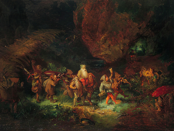 Мено Мюлиг. Охотничья процессия гномов. Доска, масло. 24х32,5. 1873. Частное собрание.