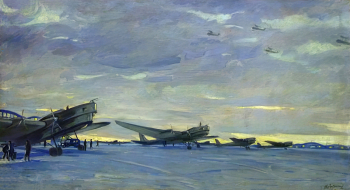Антропов Иван Григорьевич. Аэродром на рассвете. Холст, масло. 105х130. 20 век. Центральный музей Военно-воздушных сил.