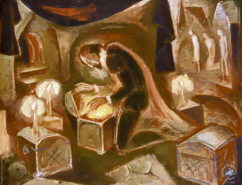 Выставка `Болдинская осень` в ЦДХ. 1999.. Куликовский Александр Иосифович. А.С.Пушкин `Маленькие трагедии`. Скупой рыцарь. Картон, ДВП, гуашь. 1999.