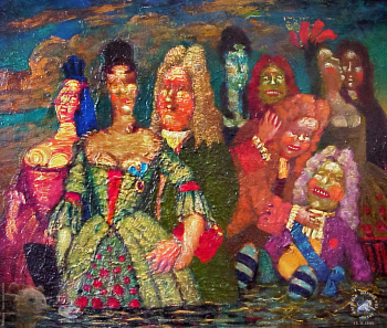 Выставка `Болдинская осень` в ЦДХ. 1999.. Лемешев Игорь Павлович. Эскиз костюмов к к/ф `Сказ о том как царь Пётр арапа женил`. Режиссер А.Митта. Оргалит акрил. 1999. Собственность художника.