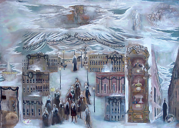 Выставка `Болдинская осень` в ЦДХ. 1999.. Устинов Юрий Семёнович. Эскиз декорации к опере `Пророк`. Екатеринбургский театр оперы и балета. Режиссер В.Титель. Бумага, гуашь, темпера. 1983. СХ России.