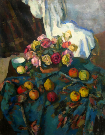 Максимов Николай Христофорович. Натюрморт на голубой парче. Холст, масло. 100х85. 1946. Курганский областной художественный музей.