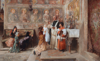 Висенте Поведа. Крещение новорожденного. Холст, масло. 46х75. 1899. Частное собрание.
