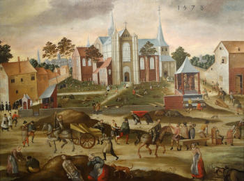Неизвестный художник. Чума в приходе Святого Иакова в Лёвене. Масло. 1578. М - Музей Левен.
