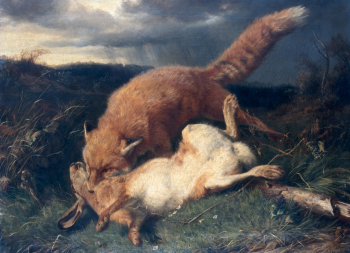 Иоганн Баптис Хофнер. Лиса и заяц. Холст, масло. 71х98. 1866. Гамбургский кунстхалле.