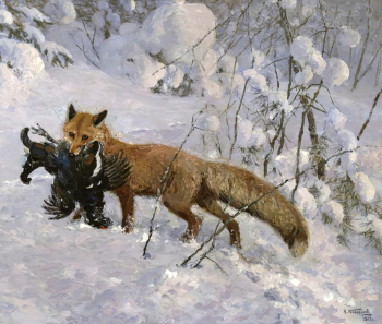 Комаров Алексей Никанорович. Лиса с косачом. Холст, масло. 91х106,5. 1952. Государственный биологический музей имени К.А.Тимирязева.