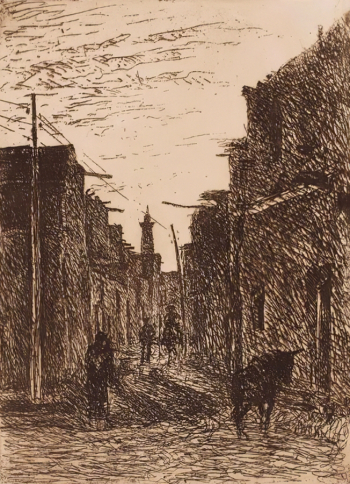 Шорчев Акиндин Петрович. Хива. Улица вечером. Бумага, офорт. 37,9х29,9. Государственный музей изобразительных искусств имени А.С.Пушкина.