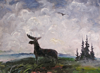 Горячев Евгений Никанорович. Лось на фоне серебристого неба. Картон, масло. 25,8х35,3. Картинная галерея (Красноармейск).