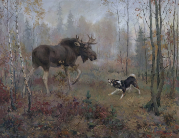 Комаров Алексей Никанорович. Лось и охотничья собака. Холст, масло. 70х90. 1950-е. Государственный биологический музей имени К.А.Тимирязева.