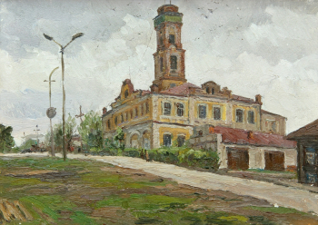 Жигалов Юрий Владимирович. Пожарная каланча. Картон, масло. 25х35. 1980-е. Сарапульский историко-архитектурный и художественный музей-заповедник.