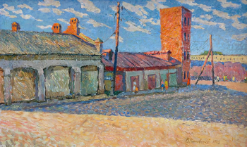 Камовский Владлен Александрович. Пожарная каланча. Улица Сипягина. Оргалит, масло. 41х69. 1995. Музей истории Дальнего Востока имени В.К.Арсеньева.