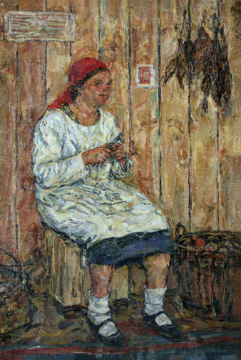Пырин Михаил Семёнович. Женщина за чисткой картофеля. Холст на картоне, масло. 48х31. 1938. Ивановский областной художественный музей.