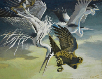 Костров Виктор Иванович. Соколиная охота. Картон, темпера. 50,3х63,1. 1994. Ростовский областной музей изобразительных искусств.