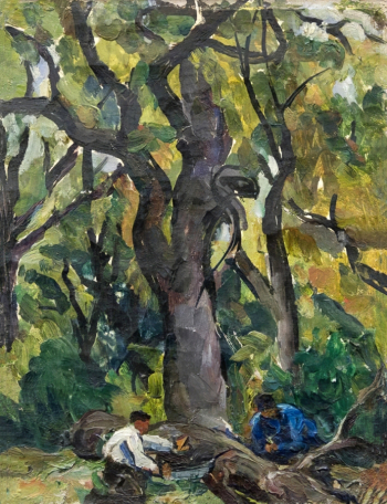 Кончаловский Пётр Петрович. Пейзаж с пильщиками. Холст, масло. 29,8х23. 1921. Государственный историко-художественный и литературный Музей-заповедник Абрамцево.