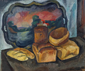 Кончаловский Пётр Петрович. Хлебы на фоне подноса. Холст, масло. 80х96. 1912. Рыбинский государственный историко-архитектурный и художественный музей-заповедник.