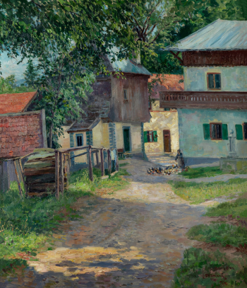 Диамант Лазарь Михайлович. Деревенский дом. Женщина кормит птиц. Холст, масло. 75х66. 1921. Частная коллекция.
