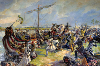 Трузе-Терновская Юлия Николаевна. Невская битва. Холст, масло. 194х283. 1940. Центральный военно-морской музей.