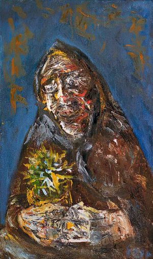 Бралгин Егор Юрьевич. Бабушка с кактусом. Холст, масло. 75х45. 1992. Государственный музей истории литературы, искусства и культуры Алтая.