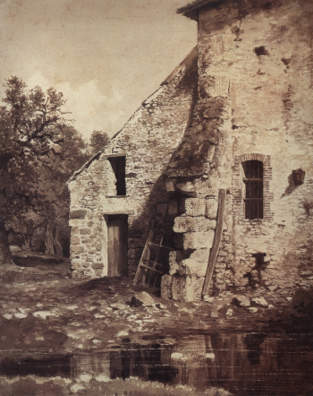 Шишкин Иван Иванович. Старый дом на берегу пруда. Бумага, сепия. 33х26. 1860-е. Киевская картинная галерея.