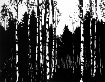 Ушин Андрей Алексеевич. Берёзовая роща. Бумага, линогравюра. 20,5х26. 1959. Историко-этнографический музей-заповедник Шушенское.