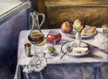 Жибинов Алексей Петрович. Стол с яблоками и графином. Холст, масло. 59х78,5. Иркутский областной художественный музей имени В.П.Сукачева.