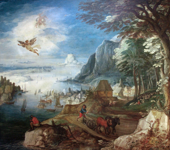 Йоос де Момпер. Пейзаж с падением Икара. Доска, масло. 154х173. Конец 15 или начало 16 века. Национальный музей Швеции.
