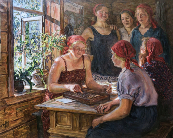 Моравов Александр Викторович. Подсчёт трудодней. Холст, масло. 137х169. 1935. Иркутский областной художественный музей имени В.П.Сукачева.