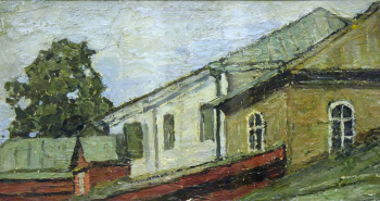 Петровичев Пётр Иванович. Вид из окна мастерской в Ростове Великом. Картон, масло. 16,5х29. 1920-е. Вологодская областная картинная галерея.
