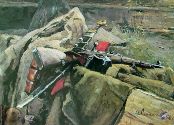 Ананьев Михаил Ананьевич. Год девятнадцатый. Картон, масло. 50х70. 1966. Студия военных художников имени М.Б.Грекова.