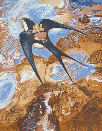 Афанасьева Марина Кирилловна. Дюймовочка. Бумага, цветная линогравюра. 38х30. Картинная галерея городского округа Красноармейск.
