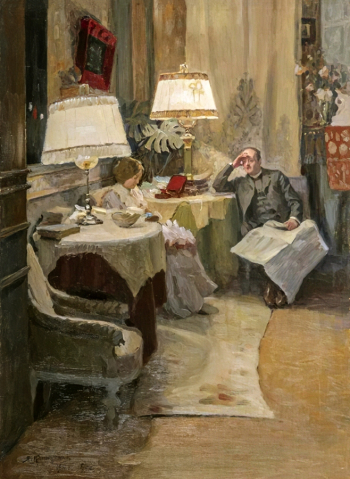Калиниченко Яков Яковлевич. Вечерняя беседа. Картон, масло. 68х51. 1910. Рязанский государственный областной художественный музей имени И.П.Пожалостина.