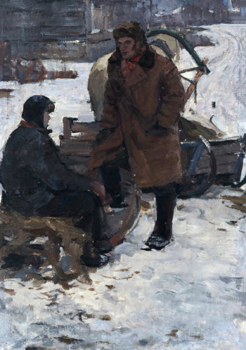 Сараев Владимир Васильевич. Разговор. Картон, масло. 69,5х49,5. 1960-е. Художественная культура Русского Севера.