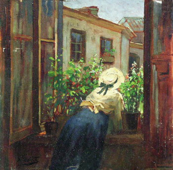 Маковский Константин Егорович. У раскрытого окна. Картон, масло. 38х39. 1910-е. Частная коллекция.