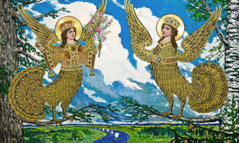 Глазунов Илья Сергеевич. Райские птицы Древней Руси. Сирин и Алконост. Фанера, смешанная техника. 150х250. 2010. Московская государственная картинная галерея Народного художника СССР Ильи Глазунова.