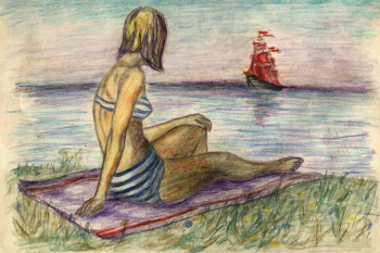 Посысаев Николай Александрович. Алые паруса. Бумага, цветные карандаши. 17,2х26,2. 1978. Осинниковский городской краеведческий музей.