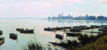 Щербаков Борис Валентинович. Тишина у озера Неро. Картон, масло. 35х71. 1973. Частная коллекция.