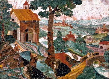 Козимо Каструччи. Пейзаж с церковью и мостом. Мозаика. 18х24. 1596. Музей истории искусств (Вена).
