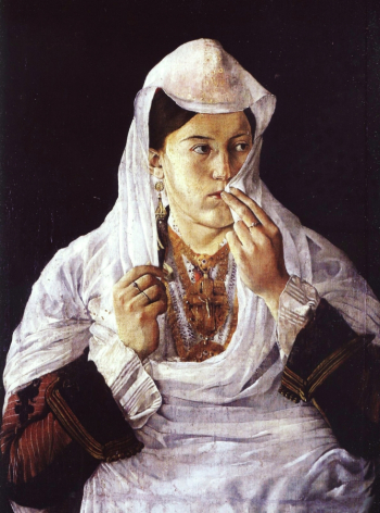 Кола Идромено. Портрет сестры художника, Тоны (Албанская Мона Лиза). Холст, масло. 75х60. 1883. Национальная галерея изобразительных искусств Албании.
