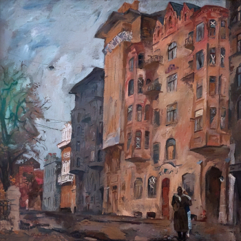 Суровцев Андрей Петрович. Арбат в 1941 году. Холст, масло. 130х130. 1985. Волгоградский музей изобразительных искусств имени И.И.Машкова.