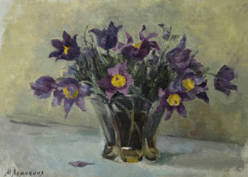 Ломакина Мария Владимировна. Анемоны из Москвы. Холст, масло. 25х34. 1950-е. Белгородский государственный художественный музей.