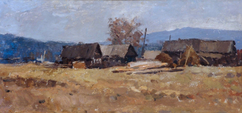 Заусаев Алексей Александрович. Уральская деревня. Картон, масло. 33х70. 1973. Объединенный музей писателей Урала.