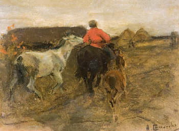 Степанов Алексей Степанович. В ночное. Картон, масло. 14,5х20,2. 1900-1910-е. Научно-исследовательский музей при Российской Академии художеств.