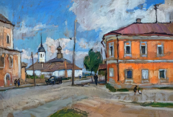 Васильев Евгений Павлович. Улица в Суздале. Картон, масло. 23х37. 1960. Картинная галерея (Томск).