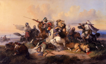 Раден Салех. Охота на льва. Холст, масло. 88,3х142,3. 1841. Музей зарубежного искусства (Рига).