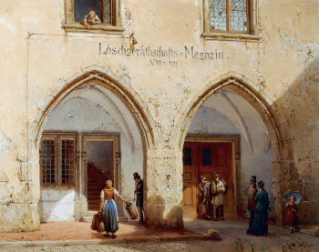 Михаэль Неер. Пожарная станция в Берне. Доска, масло. 19,3х24,8. 1870. Частная коллекция.