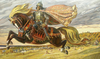 Межиров Юрий Александрович. Богатырский скок. Холст, масло. 171х360. 1986. Государственный Владимиро-Суздальский историко-архитектурный и художественный музей-заповедник.
