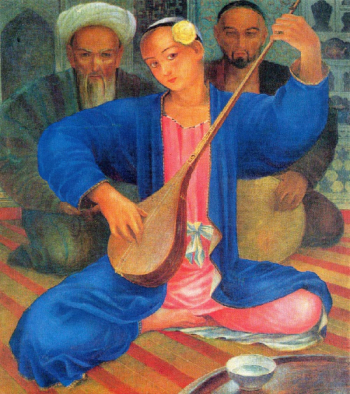 Николаев Александр Васильевич (Усто Мумин). Игра на дутаре. Доска, темпера. 1920. Государственный музей искусств Узбекистана.